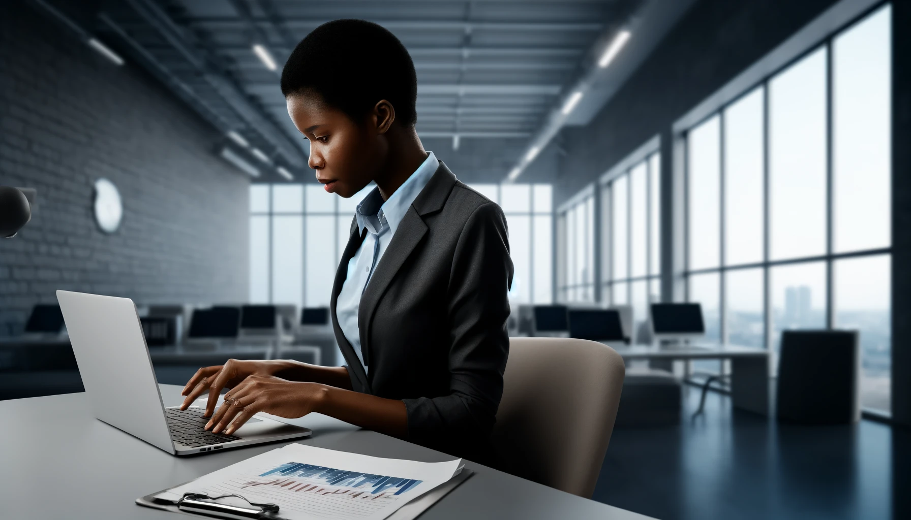 business black woman working on digital marketing research, analytics analysis, or copywriting at a global company